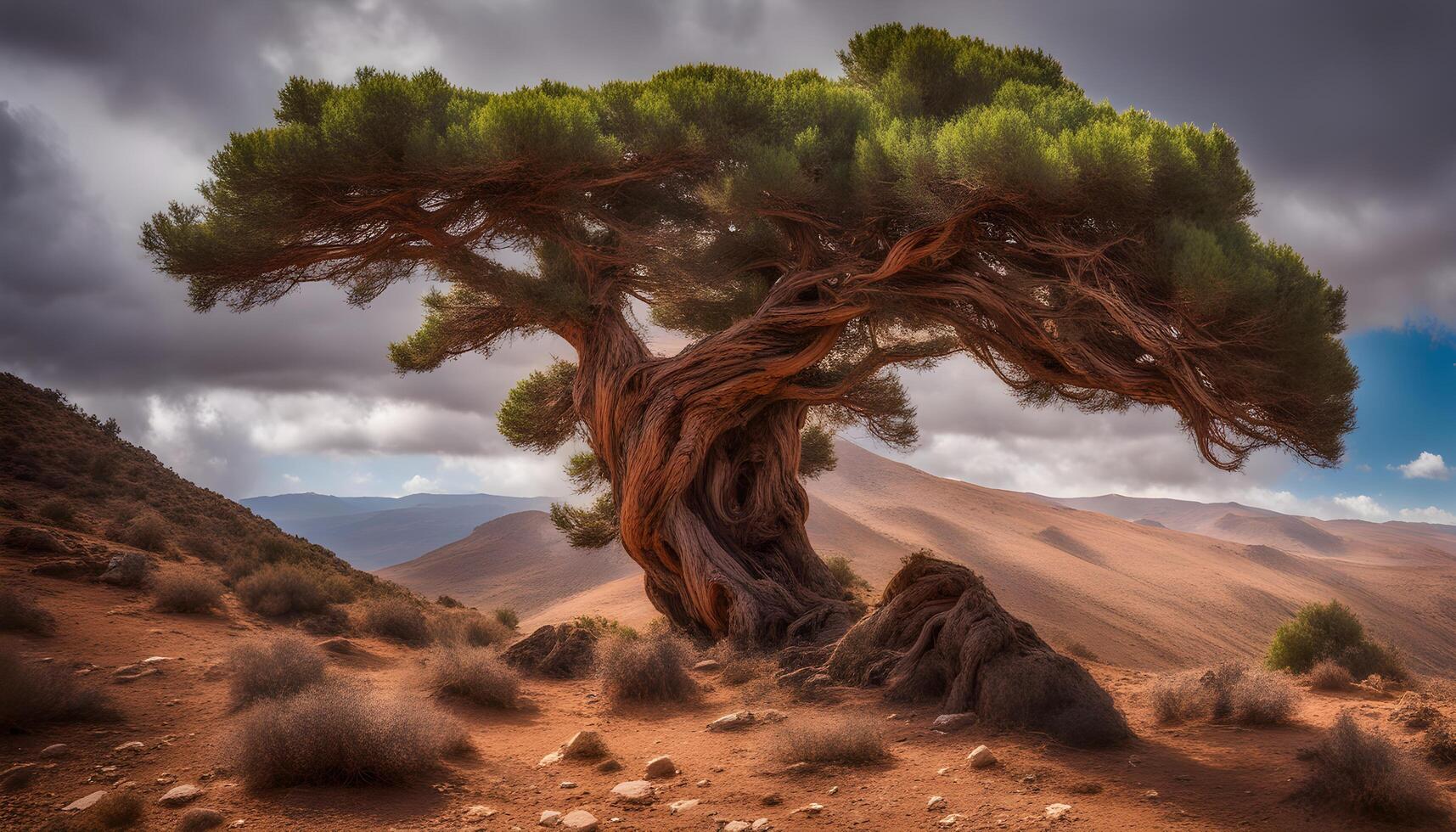 ai gerado uma solitário árvore dentro a deserto com montanhas dentro a fundo foto