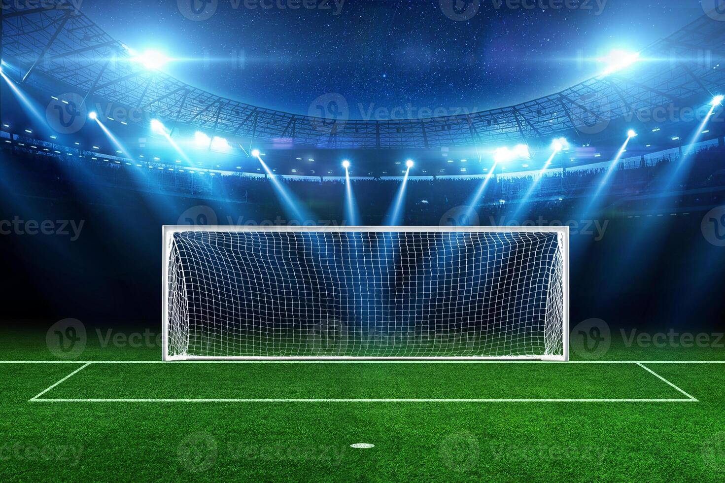 moderno futebol estádio com uma verde campo com futebol metas com azul luzes de inundação luz às noite com estrelas. futebol torneio e futebol campeonato. multa foto