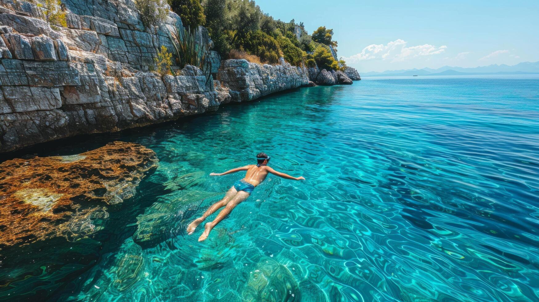 ai gerado uma nadador mergulho para dentro a mar, com claro como cristal água e uma brilhante azul céu foto