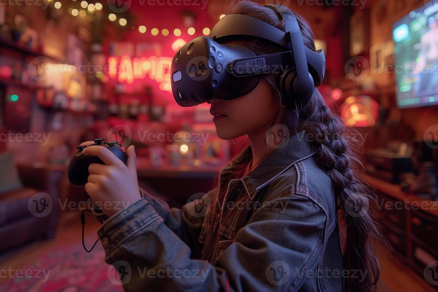 ai gerado menina vestindo vr óculos segurando uma controle de video game. ilustração de artificial inteligência foto