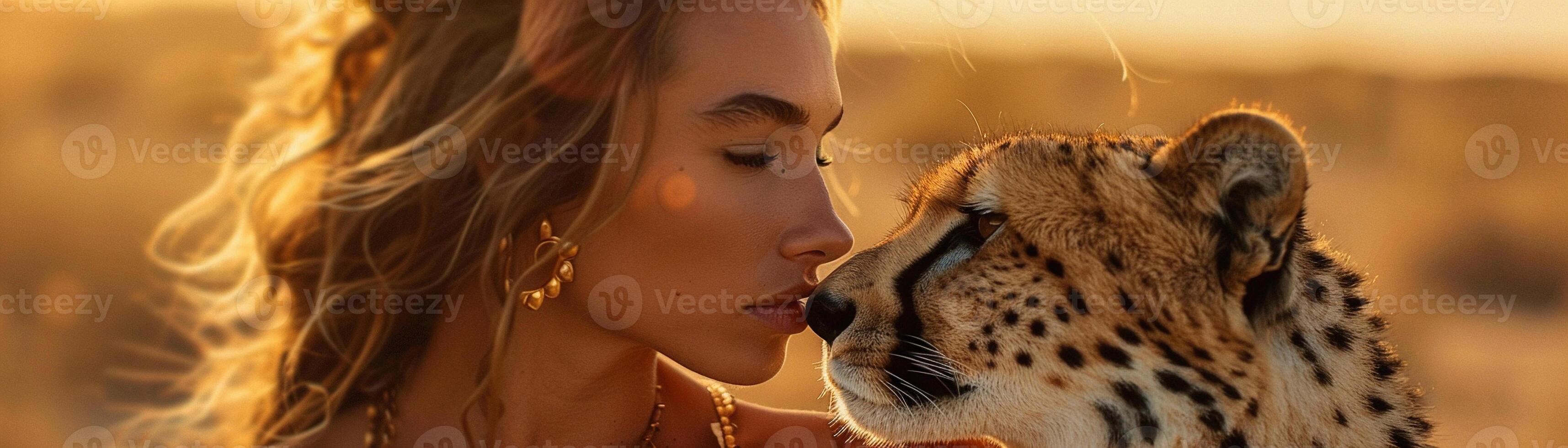 ai gerado fechar-se perfil do a lindo mulher e dela guepardo em pé lado de lado, com ambos exalando poder e elegância, generativo ai foto