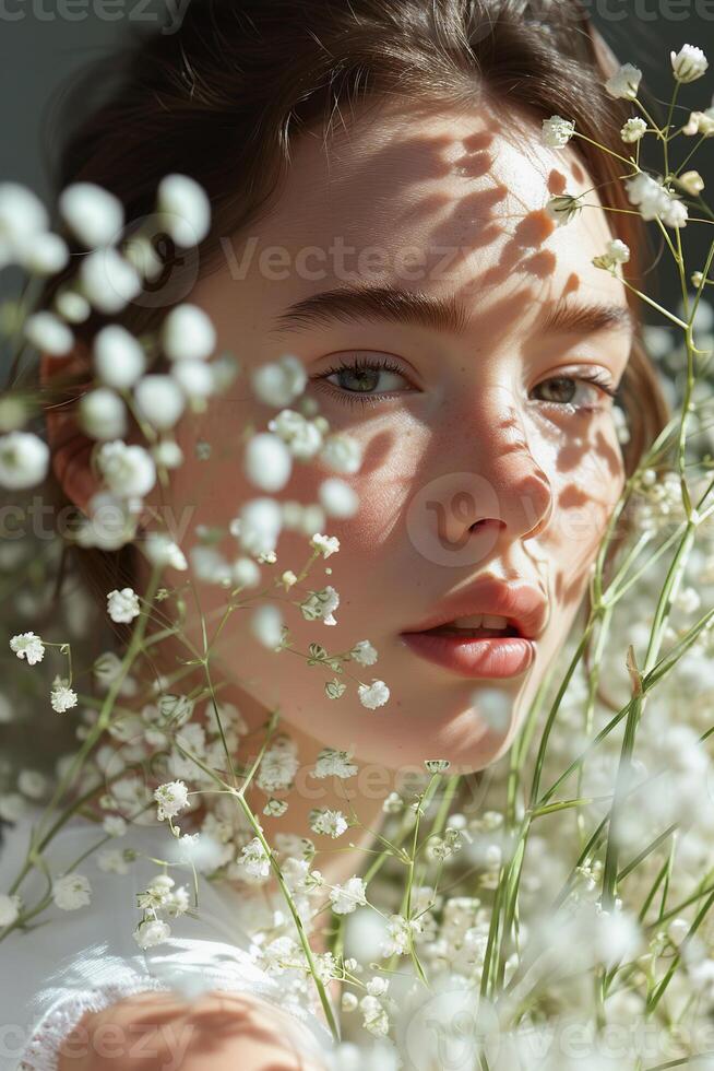 ai gerado moda retrato. fêmea modelo com branco Bêbês respiração Gypsophila flores foto