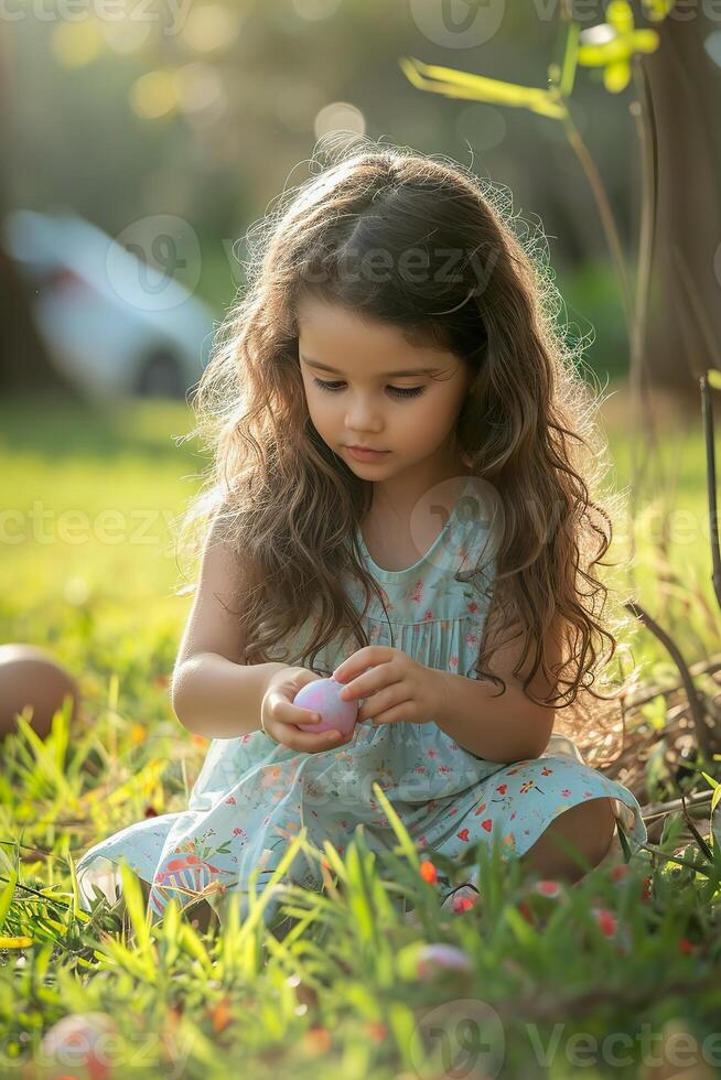 ai gerado jovem criança coleta colorida ovos dentro uma vime cesta entre Primavera flores foto