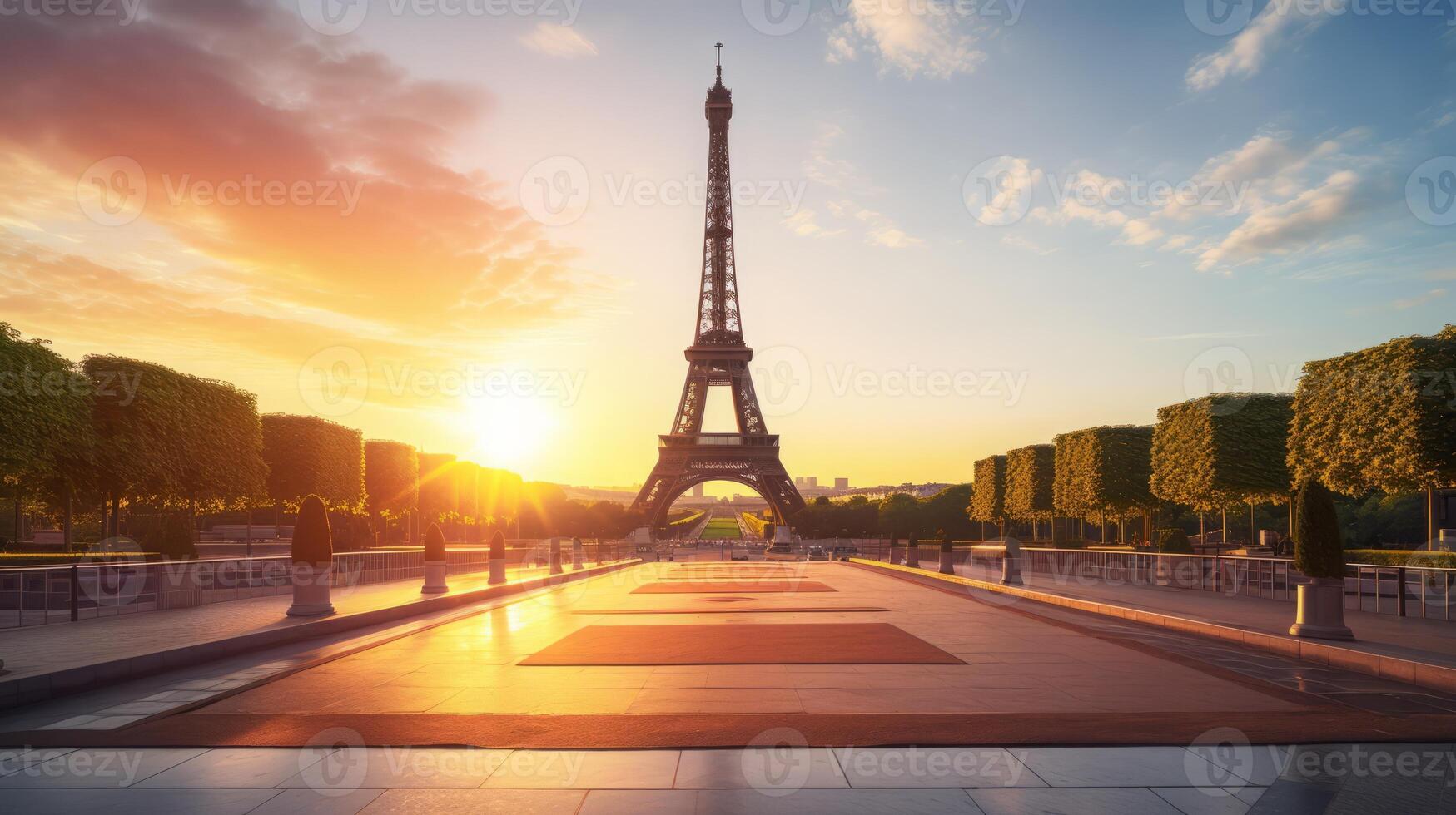 ai gerado pôr do sol com eiffel torre Visão foto