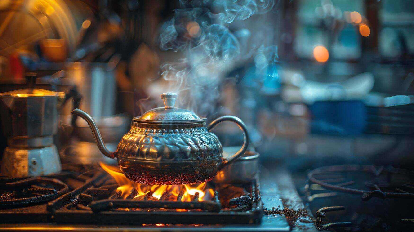 ai gerado uma nostálgico imagem do uma vintage café Panela fermentação café sobre a aberto chama foto