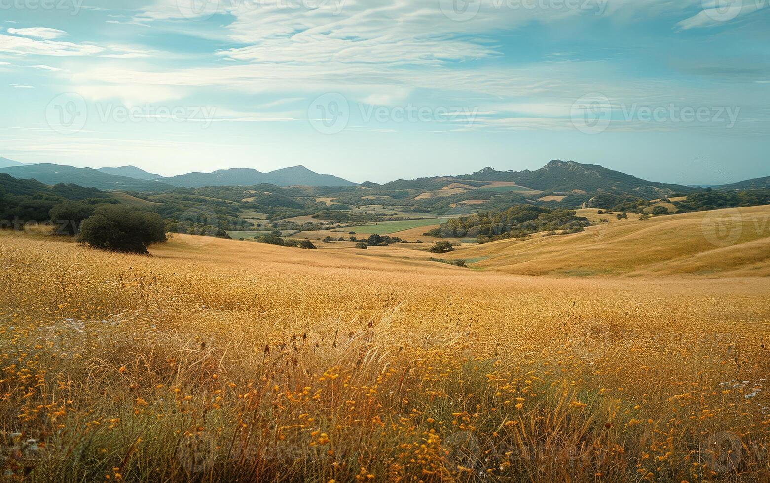 ai gerado panorâmico rolando colinas e □ Gentil prados foto