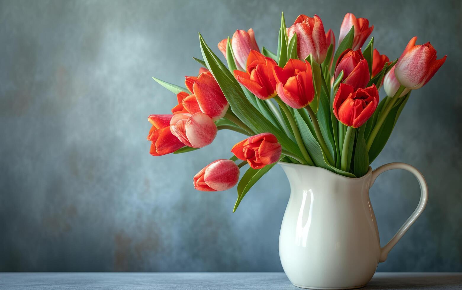 ai gerado brilhante tulipas dentro a elegante branco jarro em uma ensolarado dia foto