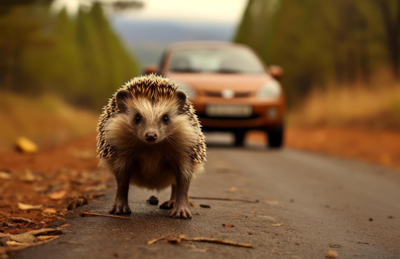 ai gerado ouriço caminhando em uma estrada dentro frente do uma carro foto