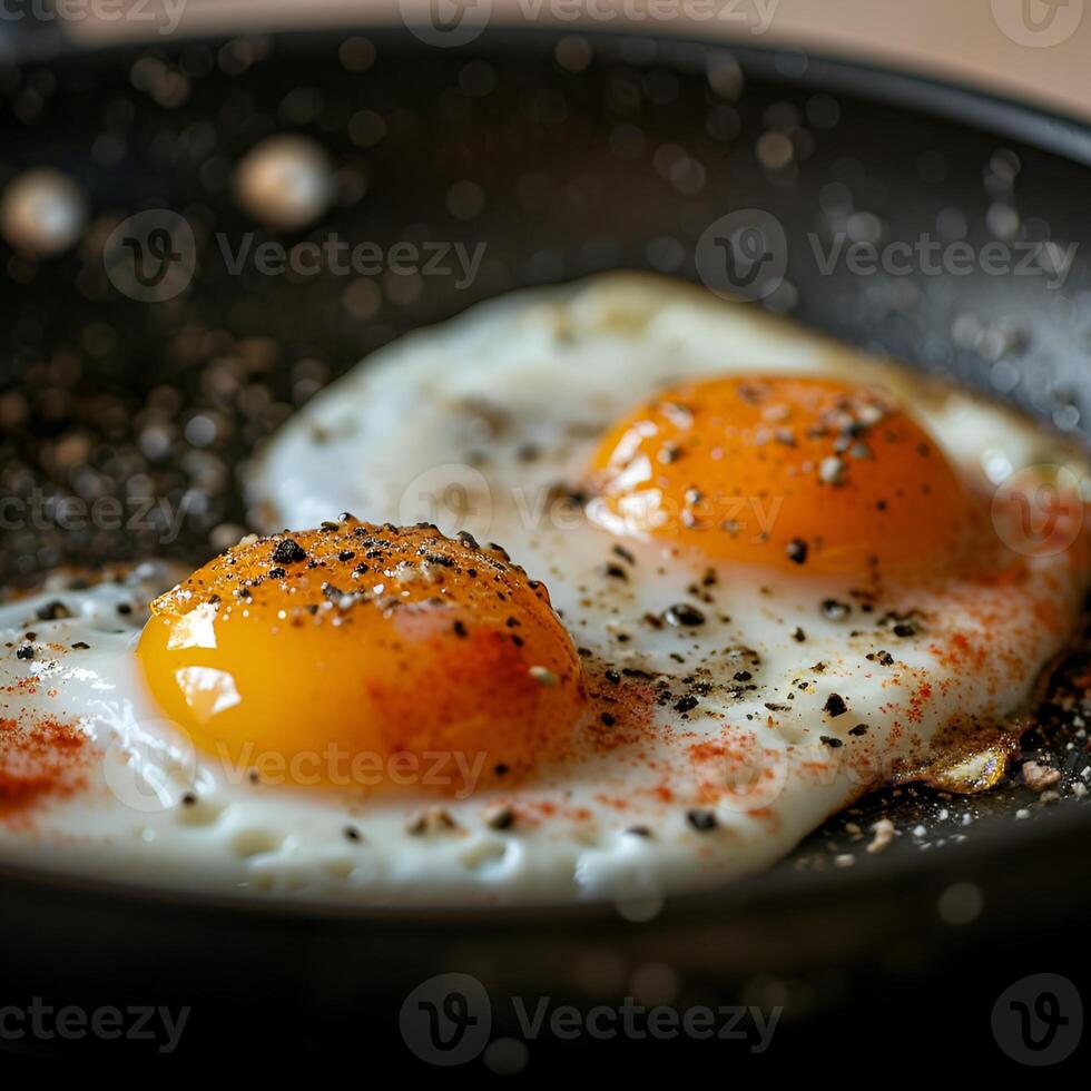 ai gerado frito ovos dentro uma Preto panela estão ser cozinhou, borrifado com Preto Pimenta foto