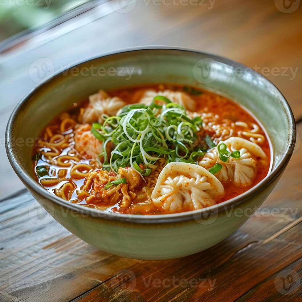 ai gerado Kimchi macarrão sopa com dumplings dentro uma luz verde tigela em uma de madeira mesa foto