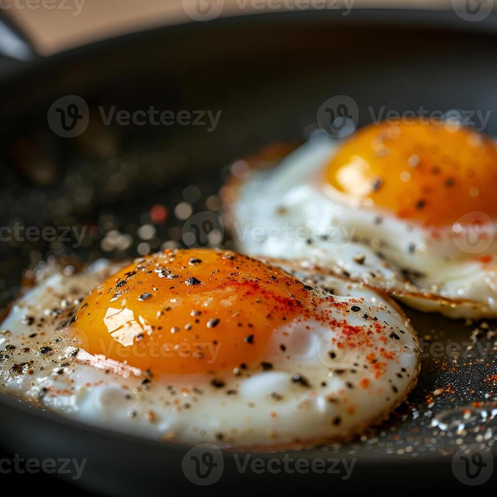 ai gerado frito ovos dentro uma Preto panela estão ser cozinhou, borrifado com Preto Pimenta foto