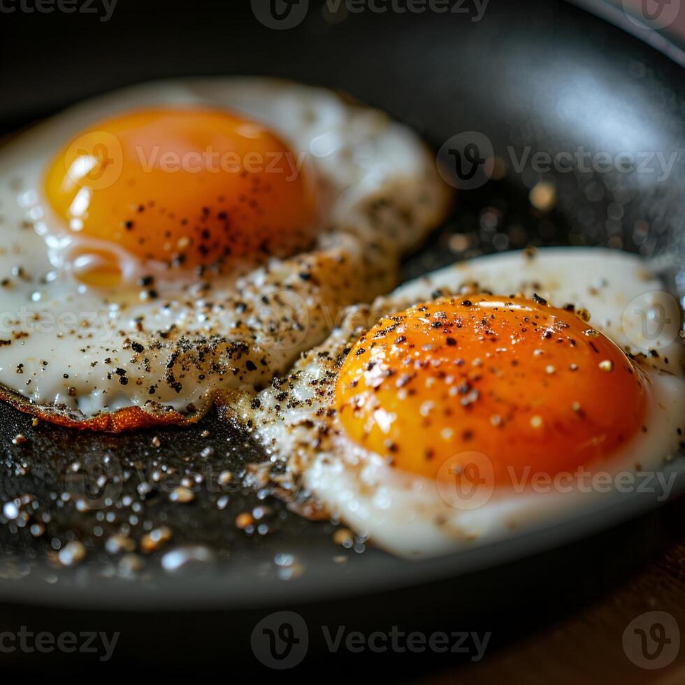 ai gerado frito ovos dentro uma Preto panela estão ser cozinhou, borrifado com Preto Pimenta foto