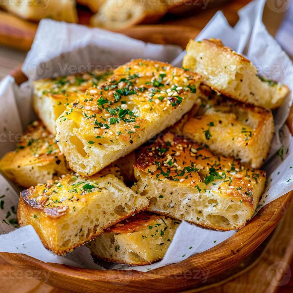 ai gerado de várias peças do italiano alho pão em à prova de graxa papel dentro uma de madeira tigela foto