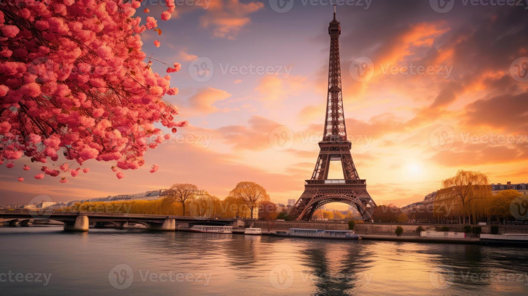 ai gerado pôr do sol com eiffel torre Visão foto