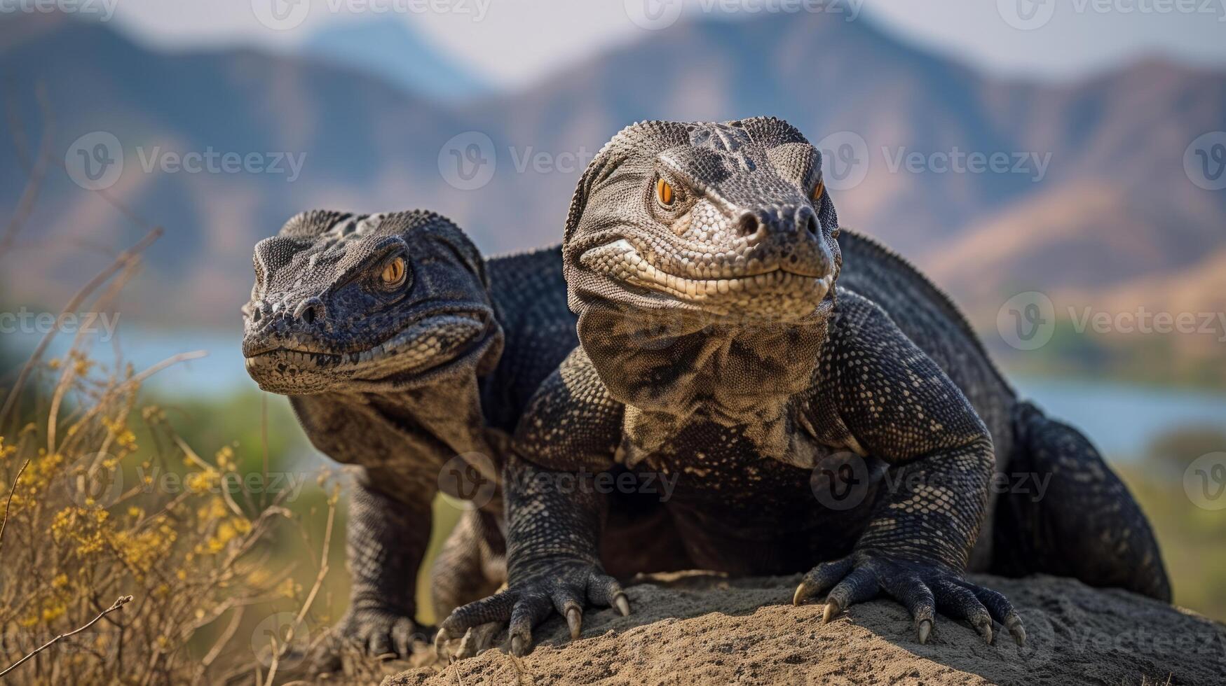 ai gerado Komodo dragões aquecendo dentro seus natural meio Ambiente foto