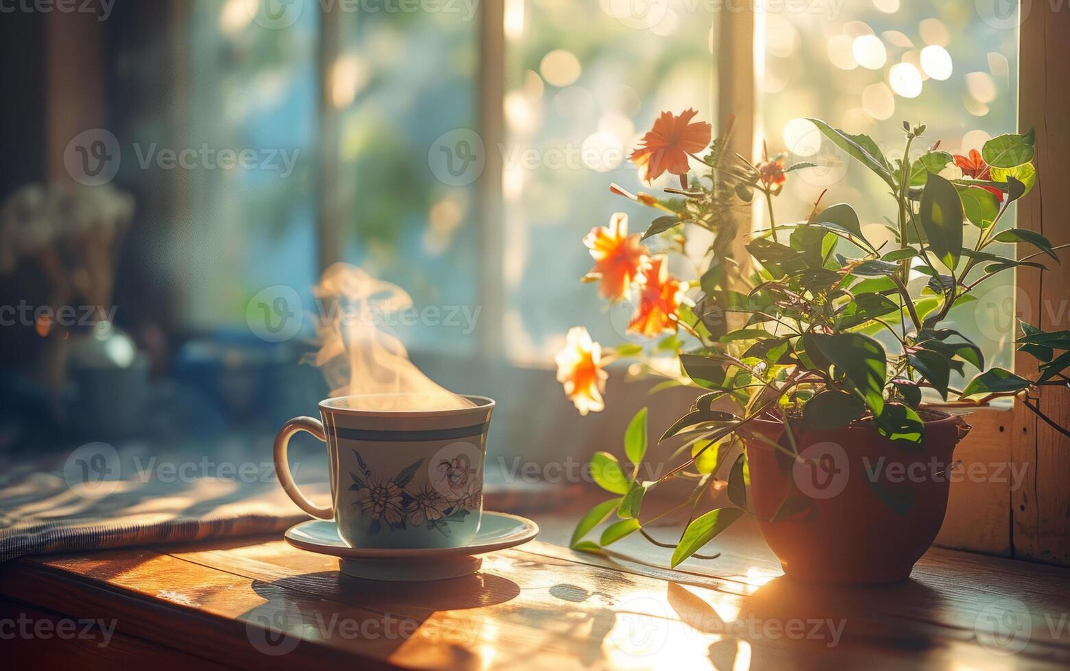 ai gerado vapor caneca do chá dentro iluminado pelo sol quarto foto