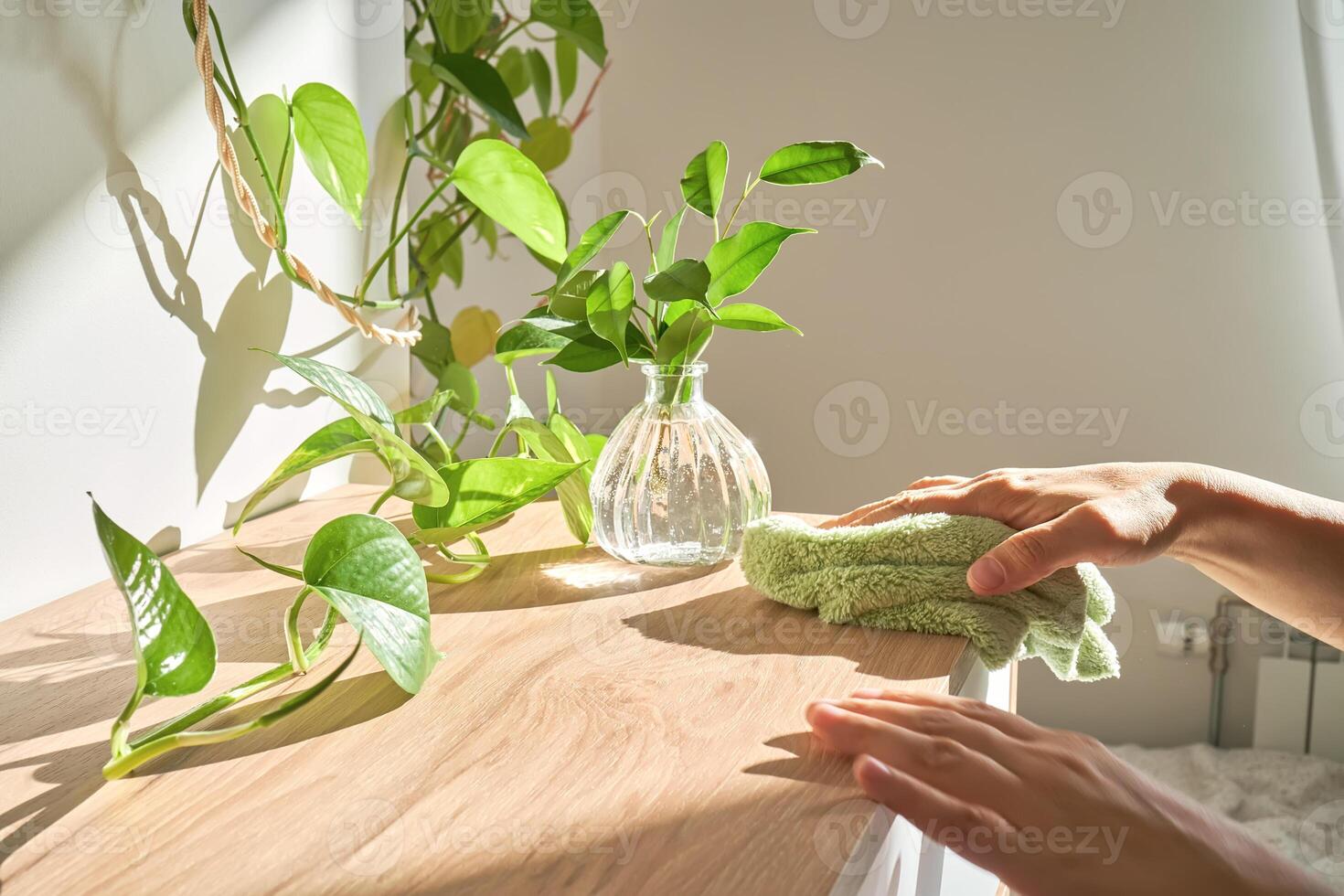 uma mulher mão lenços a peito do gavetas com uma suave pelúcia verde pano. foto