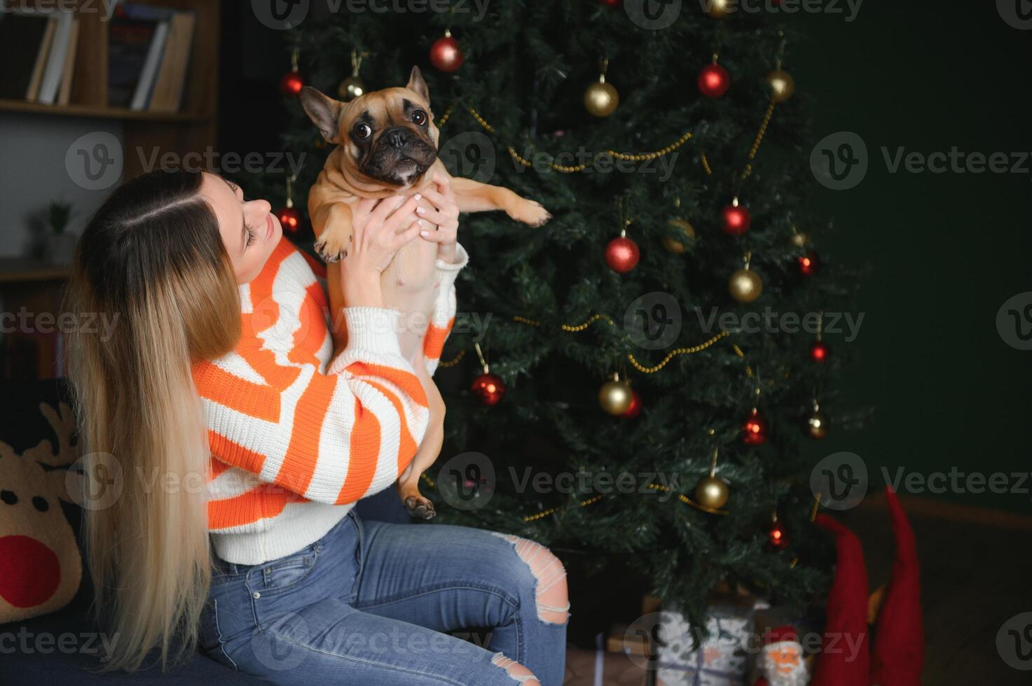 lindo mulher senta em uma vintage sofá com cachorro. em uma fundo do uma Natal árvore dentro uma decorado sala. feliz Novo ano foto