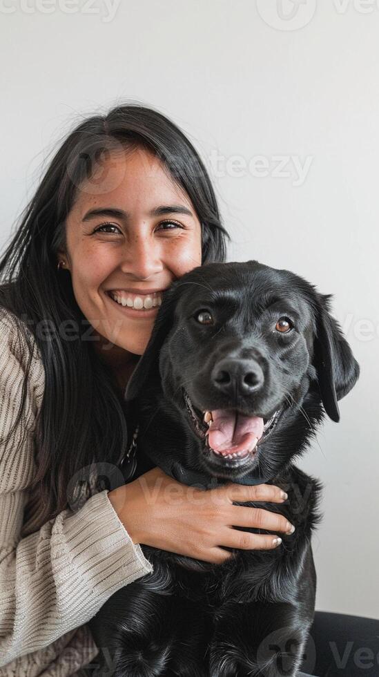 ai gerado mulher abraçando dela cachorro carinhosamente contra uma branco pano de fundo, generativo ai foto