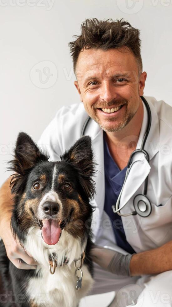 ai gerado retrato do uma masculino veterinário com uma cachorro dentro uma veterinário clínica contra branco fundo, generativo ai foto