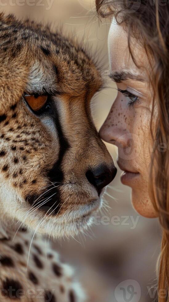 ai gerado fechar-se do a lindo mulher olhando para dentro a olhos do dela guepardo, com ambos partilha uma momento do mútuo compreensão e conexão, generativo ai foto