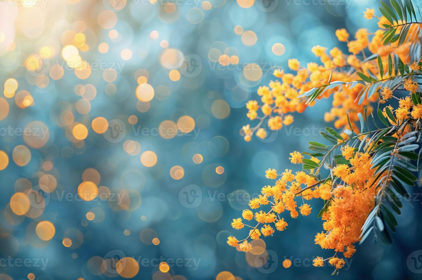 ai gerado ramo do amarelo flores mimosa contra borrado azul fundo com dourado bokeh luzes. Primavera bandeira modelo com cópia de espaço foto