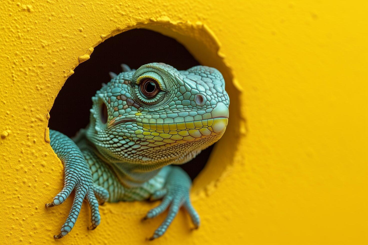 ai gerado uma lagarto é espreitar Fora do uma orifício dentro uma amarelo parede foto