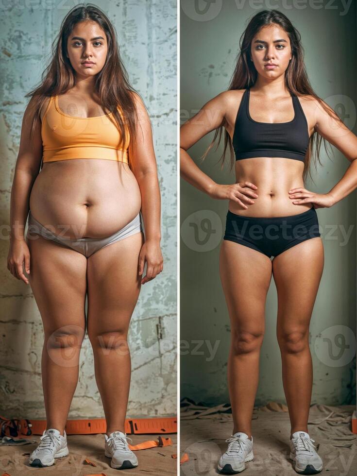 ai gerado mulher corpo transformado depois de peso perda tonificado braços, pernas, peito, e cintura foto
