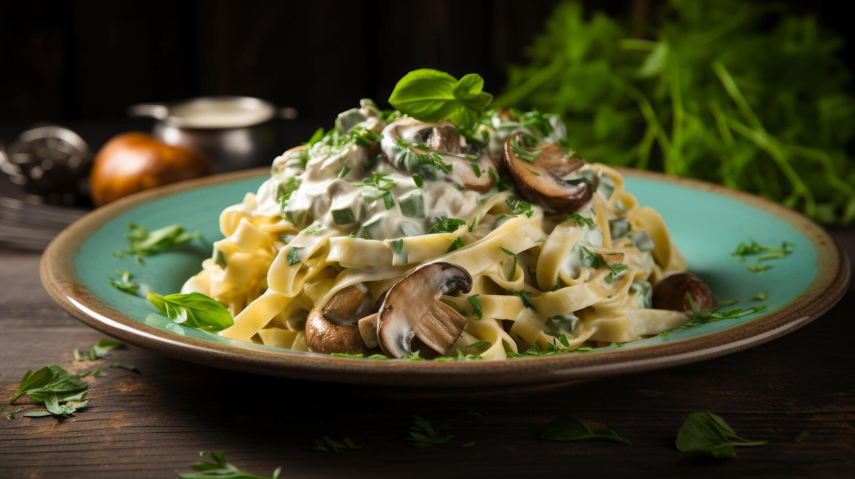 ai gerado cogumelo fettuccine com verde ervas em de madeira fundo foto