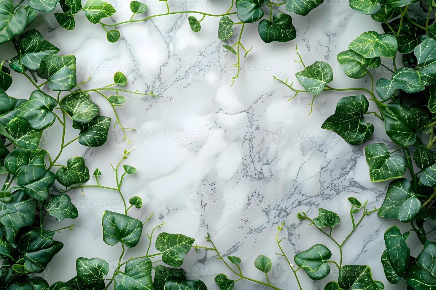 ai gerado uma mármore parede com verde plantas em isto foto