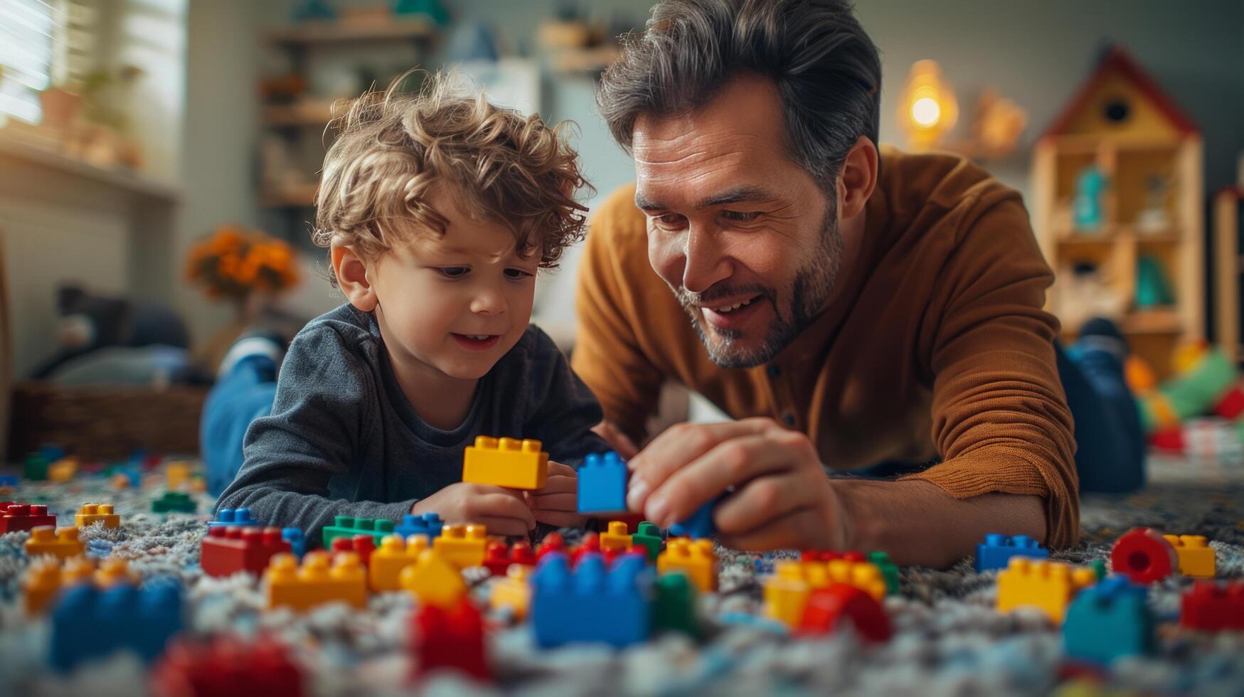 ai gerado pai e filho jogando com legos em a chão foto