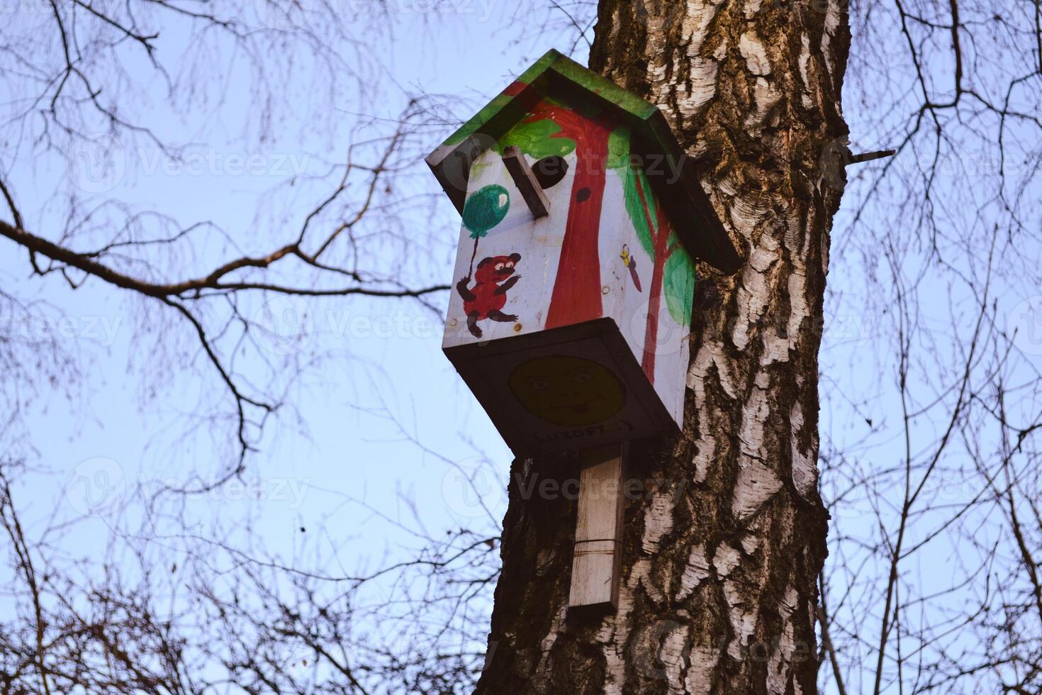 colorida Casa de passarinho em a árvore. aninhamento caixa. foto