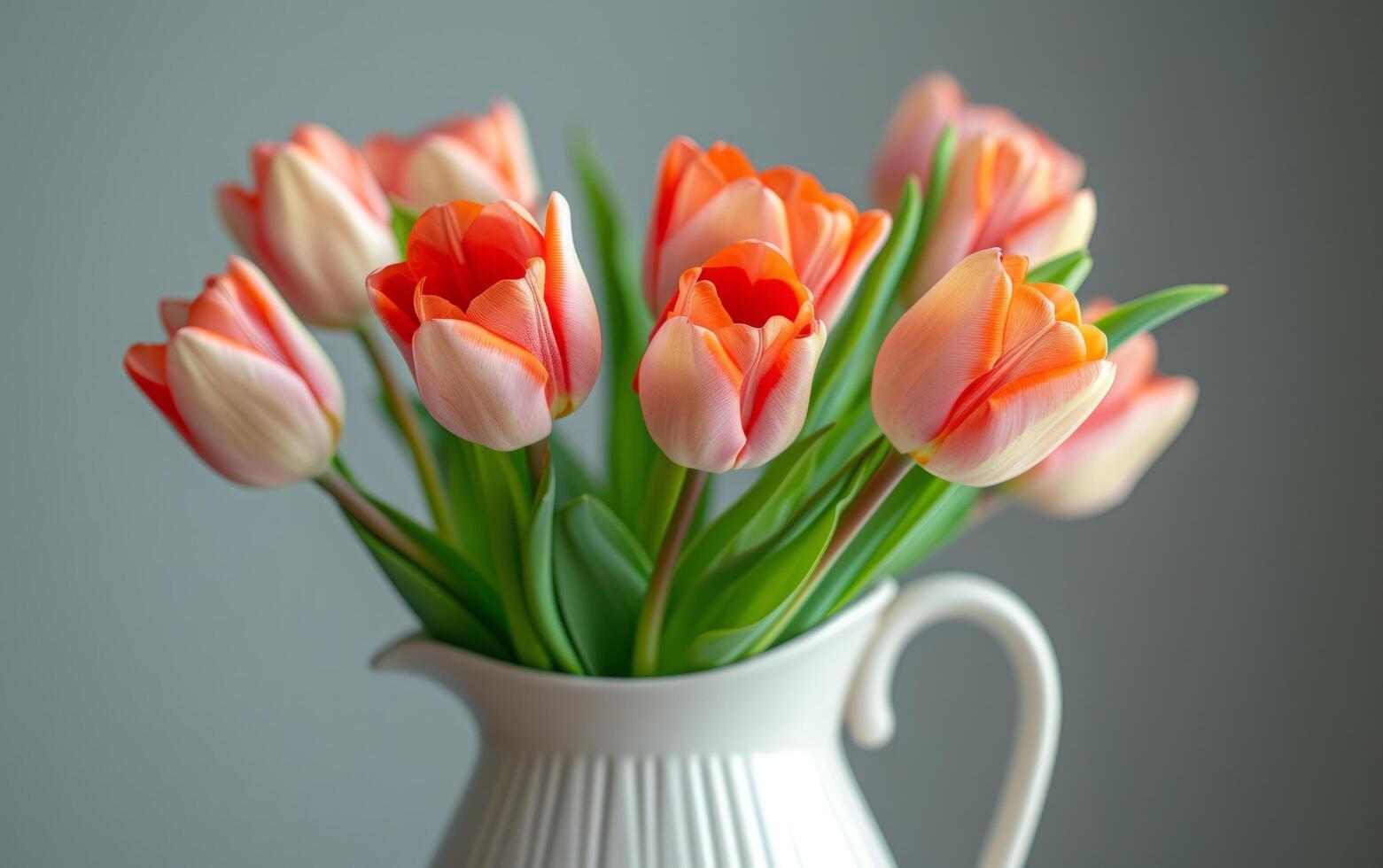 ai gerado brilhando tulipas dentro uma branco tradicional jarro em uma dia do brilho do sol foto