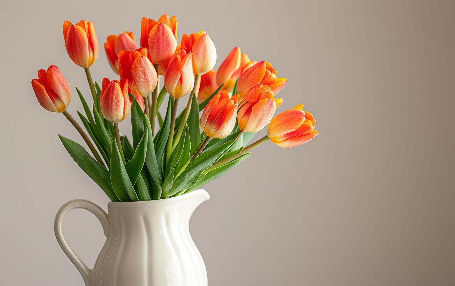 ai gerado brilhantemente colori tulipas dentro uma quintessencial branco jarro durante uma ensolarado dia foto