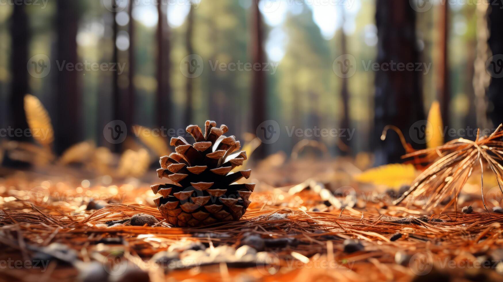 ai gerado pinho cone no meio floresta chão dentro luz solar foto