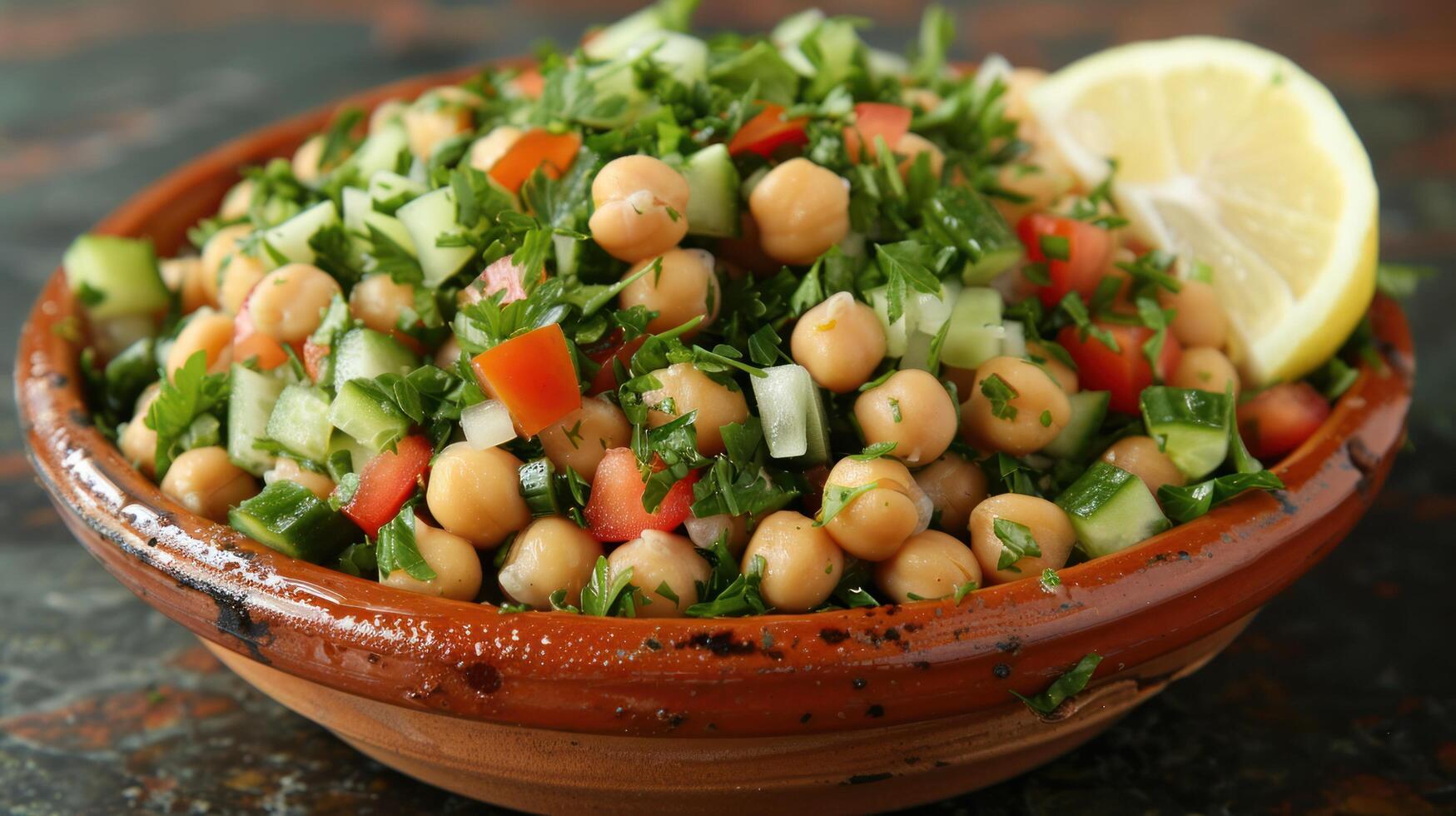 ai gerado saboroso salada com grão de bico, pepino, tomates, salsinha, e uma limão vestir foto