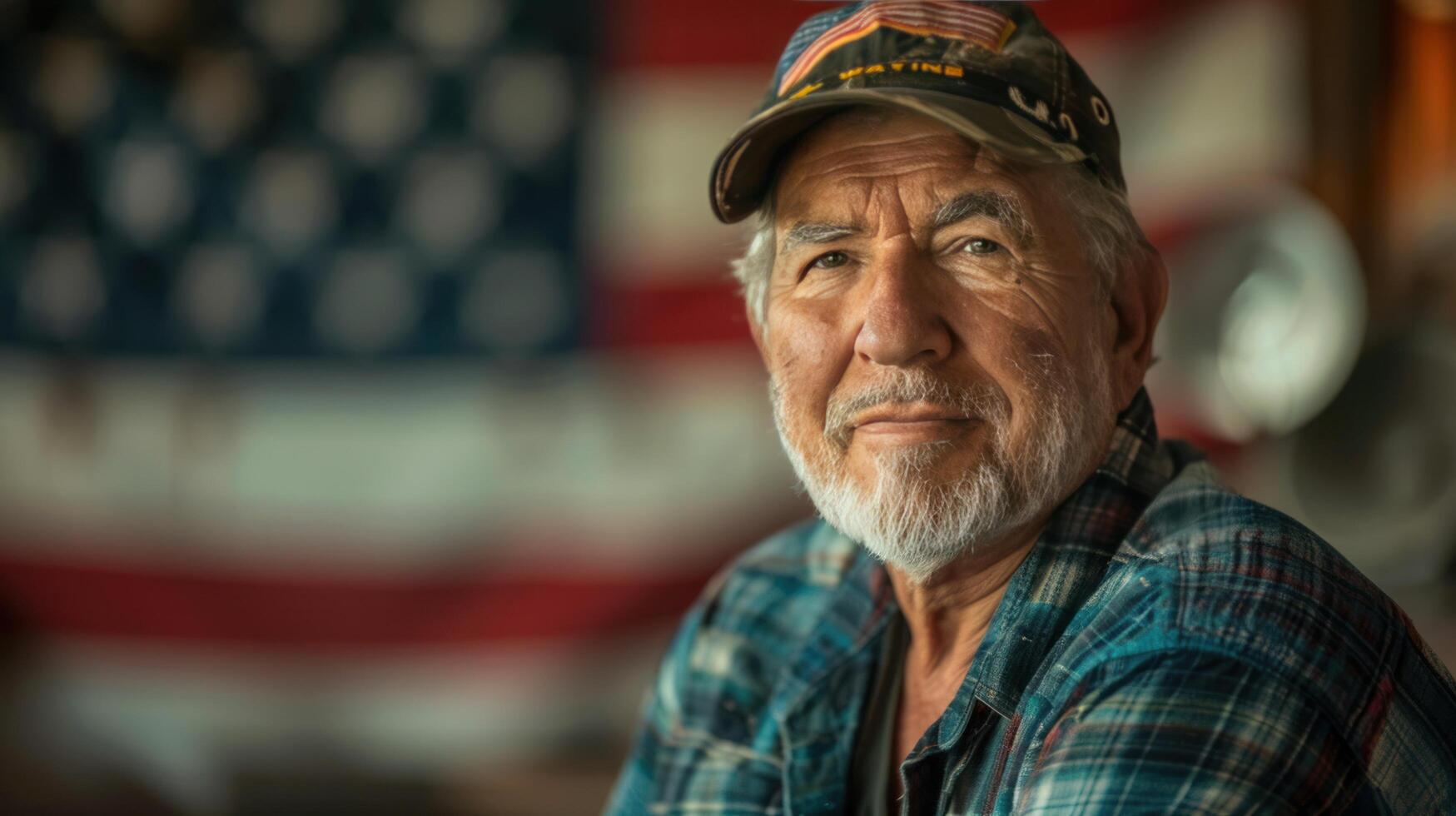 ai gerado patriótico veterano com americano bandeira foto