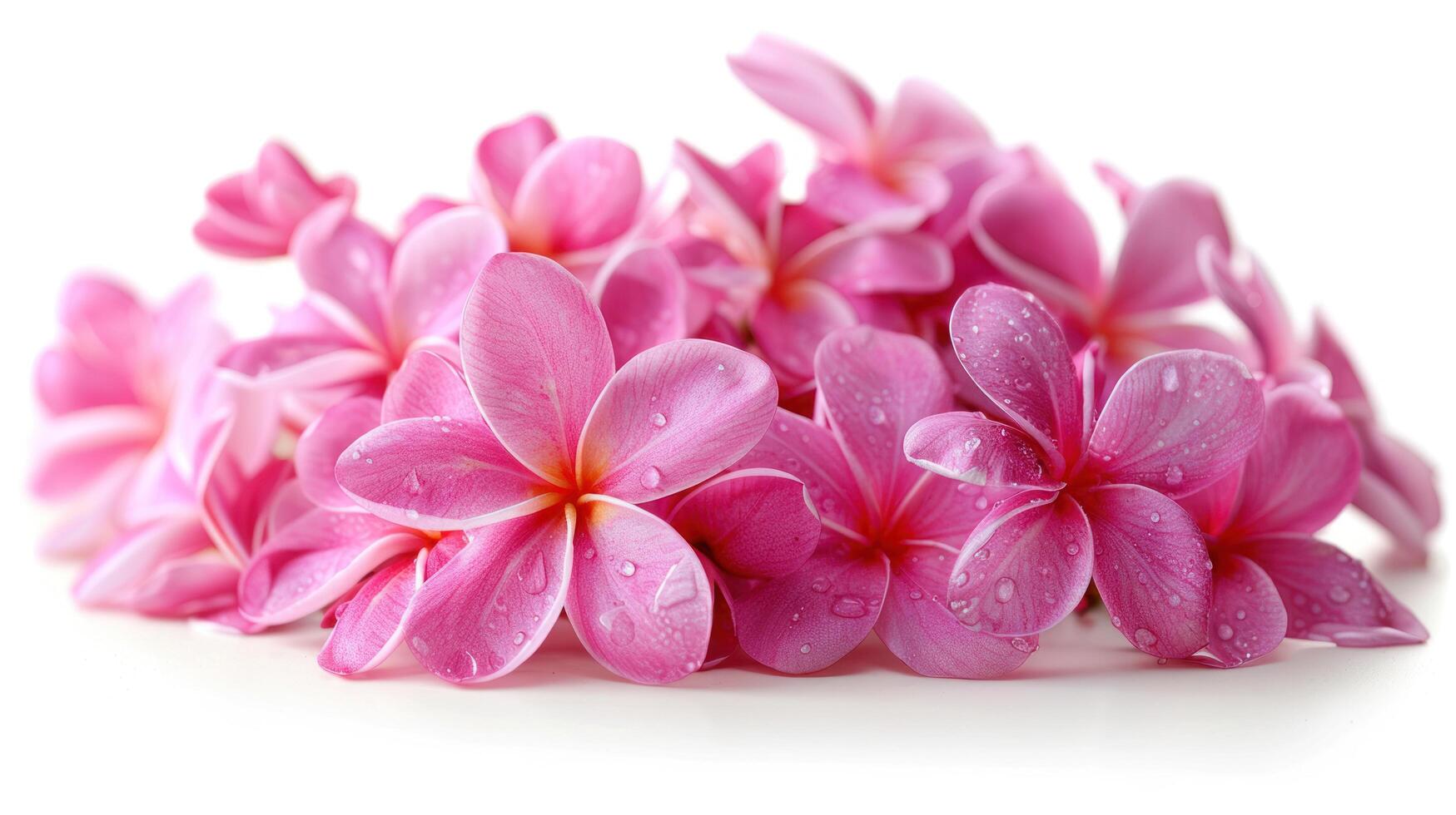 ai gerado uma grupo do Rosa frangipani flores conjunto contra uma branco fundo foto