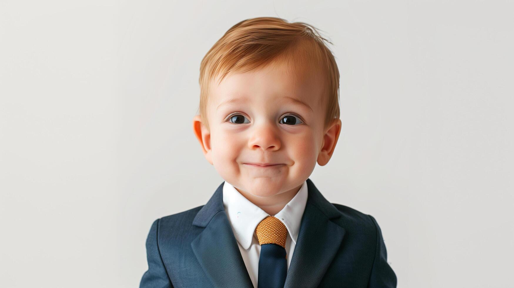ai gerado uma bebê com terno e gravata sorridente certo para Câmera foto