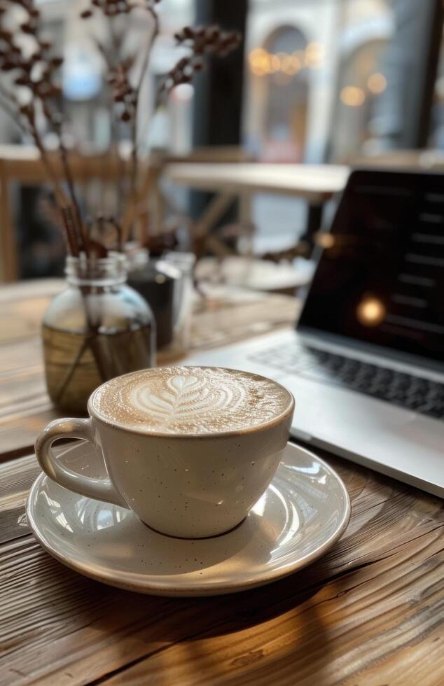 ai gerado café em uma branco prato com computador portátil e caneca foto