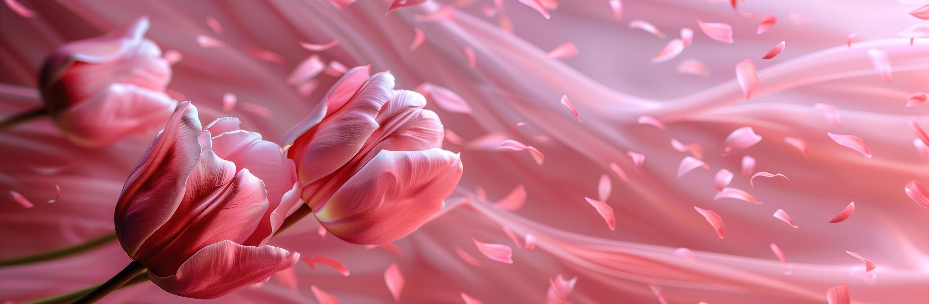 ai gerado flores do Rosa tulipas com pétalas espalhar em uma Rosa fundo foto