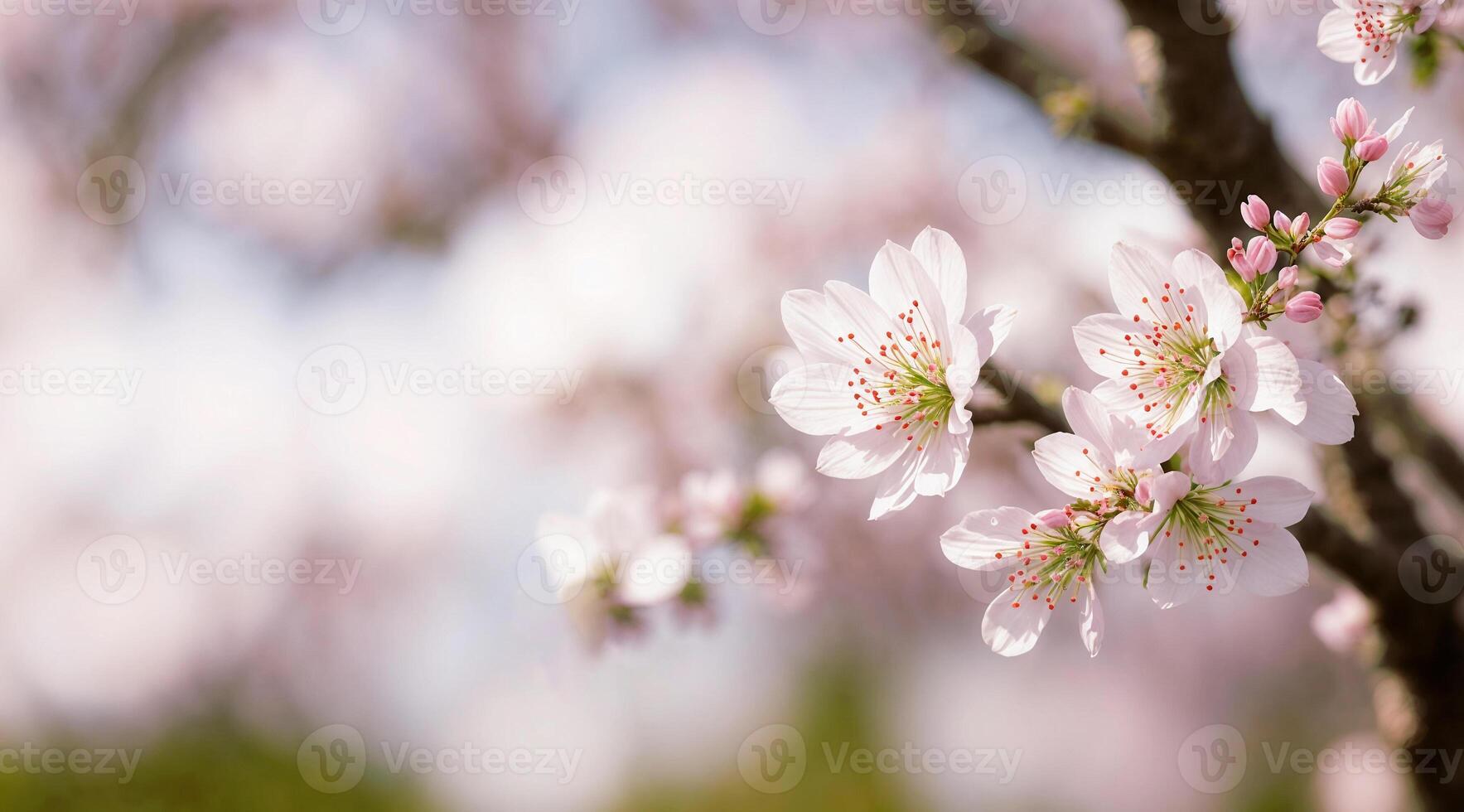 ai gerado florescendo cereja árvore galhos branco flores fechar-se em borrado abstrato fundo. foto