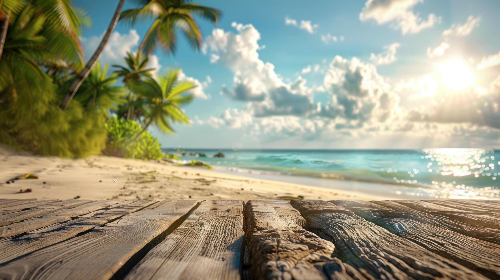 ai gerado uma tranquilo tropical de praia com bem arenoso margens, uma borrado mar, iluminado pelo sol céu, e fofo nuvens dentro a fundo foto