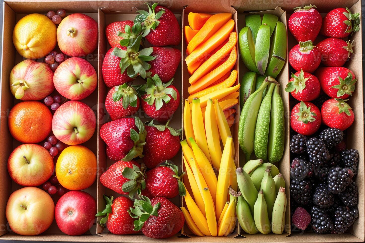 ai gerado fresco frutas e legumes dentro a caixa publicidade Comida fotografia foto
