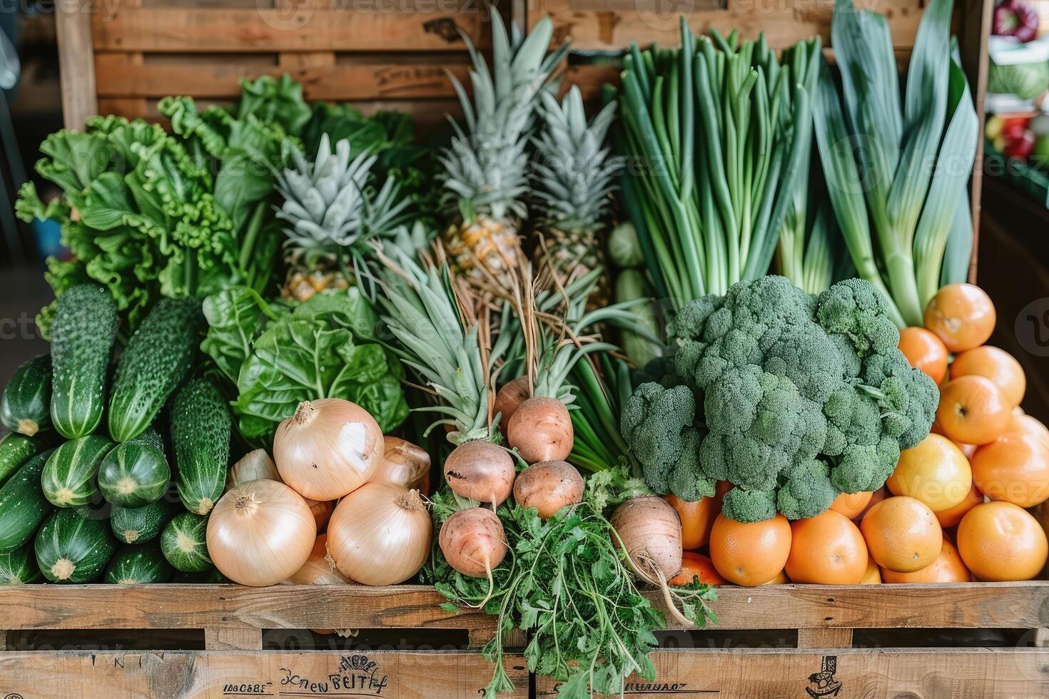 ai gerado fresco frutas e legumes dentro a caixa publicidade Comida fotografia foto