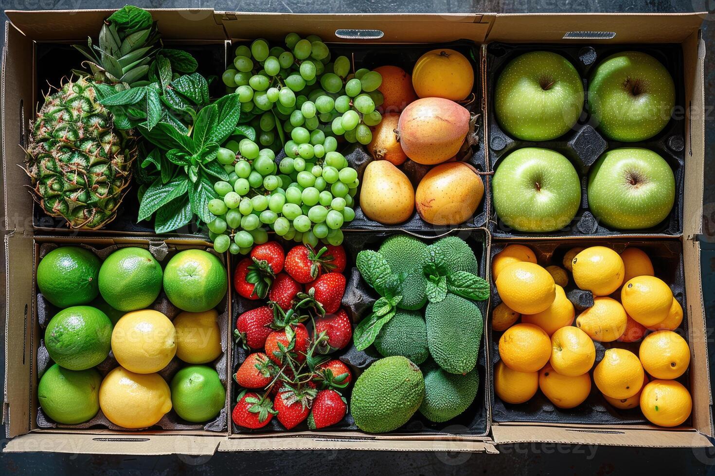 ai gerado fresco frutas e legumes dentro a caixa publicidade Comida fotografia foto