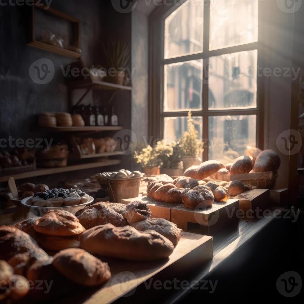 ai gerado pastelaria loja-padaria com de madeira bancada e fresco pastelaria dentro a luz solar foto