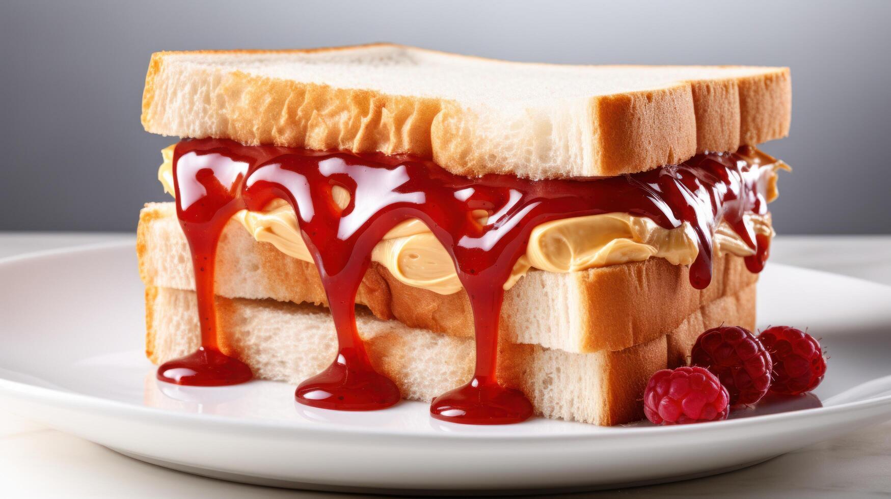 ai gerado uma delicioso imagem do uma amendoim manteiga e geléia sanduíche, com cremoso amendoim manteiga e doce geléia em macio, branco pão foto