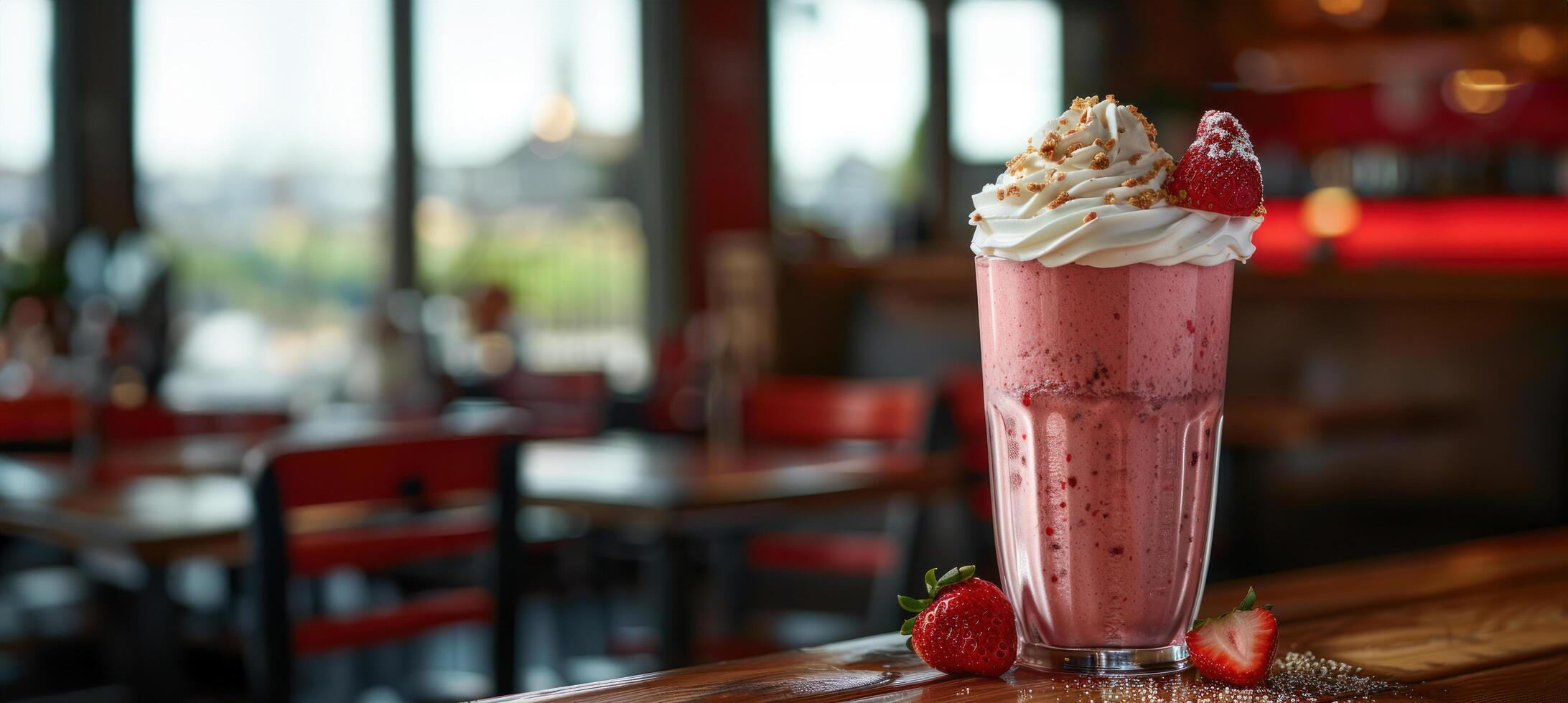 ai gerado uma morango milkshake, coberto com açoitado creme e uma fresco morango em a aro do a vidro foto