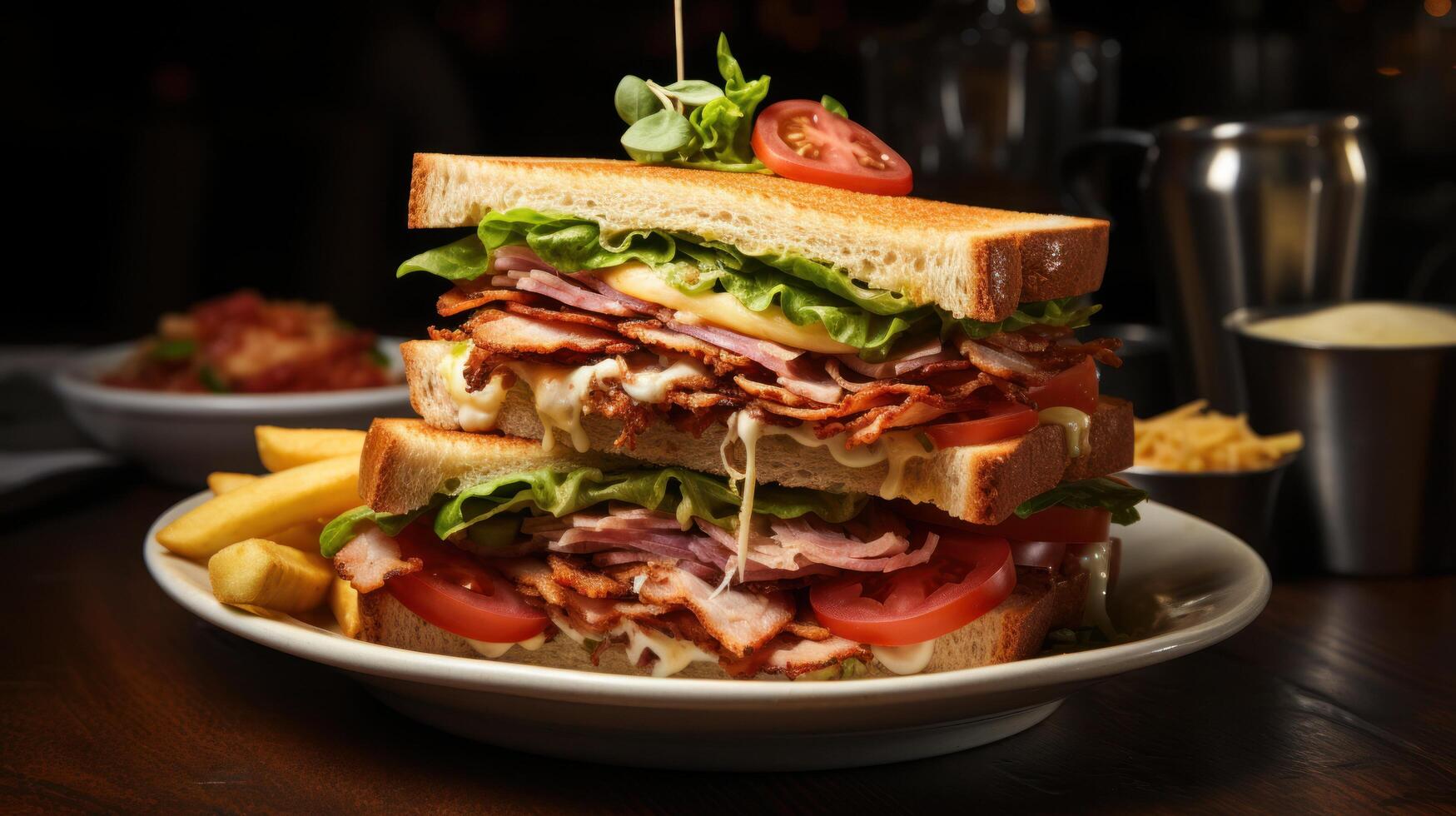 ai gerado uma clube sanduíche, empilhado Alto com camadas do peru, bacon, alface, tomate, e maionese em torrado pão foto